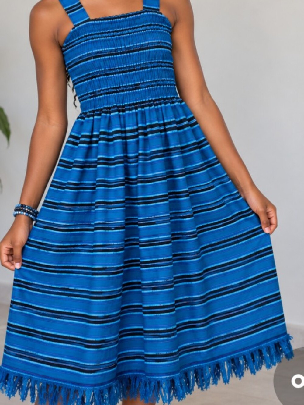 Handmade African Blue Woven Girls Dress | Smocked | Fringe | Age 10–15